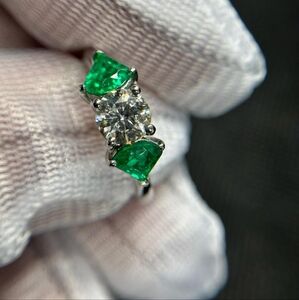 14k white gold Colombian emeralds and diamond ring - handmade